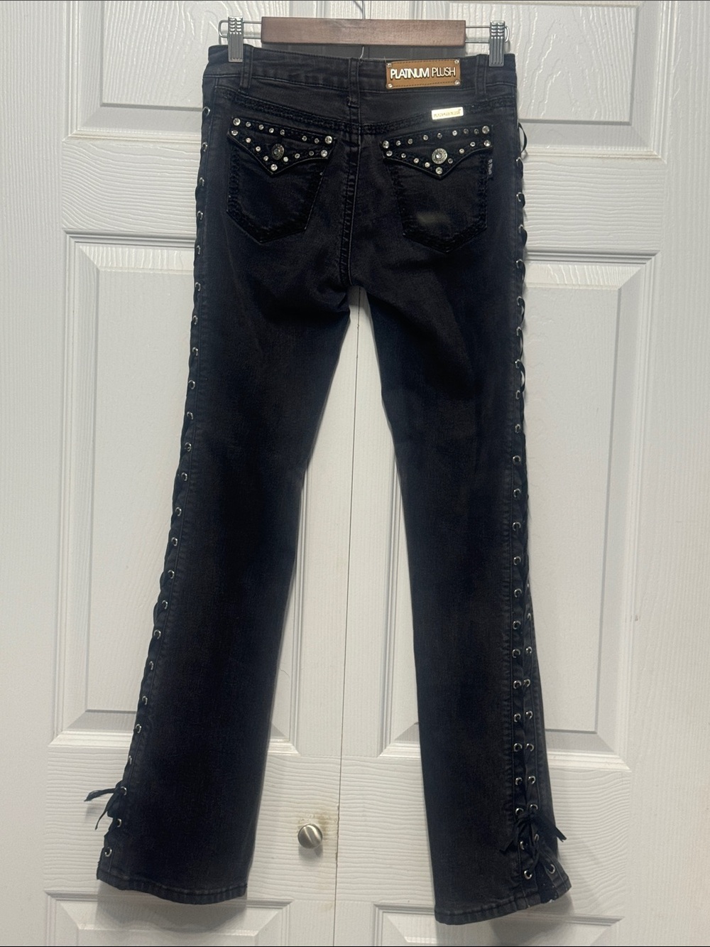 Vintage Y2K Platinum Plush Black Lace-Up Flare Jeans